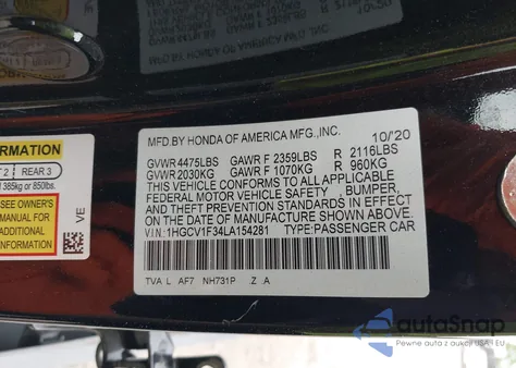 2020 Honda Accord Sport z USA, uszkodzony, nr VIN 1HGCV1F34LA154281